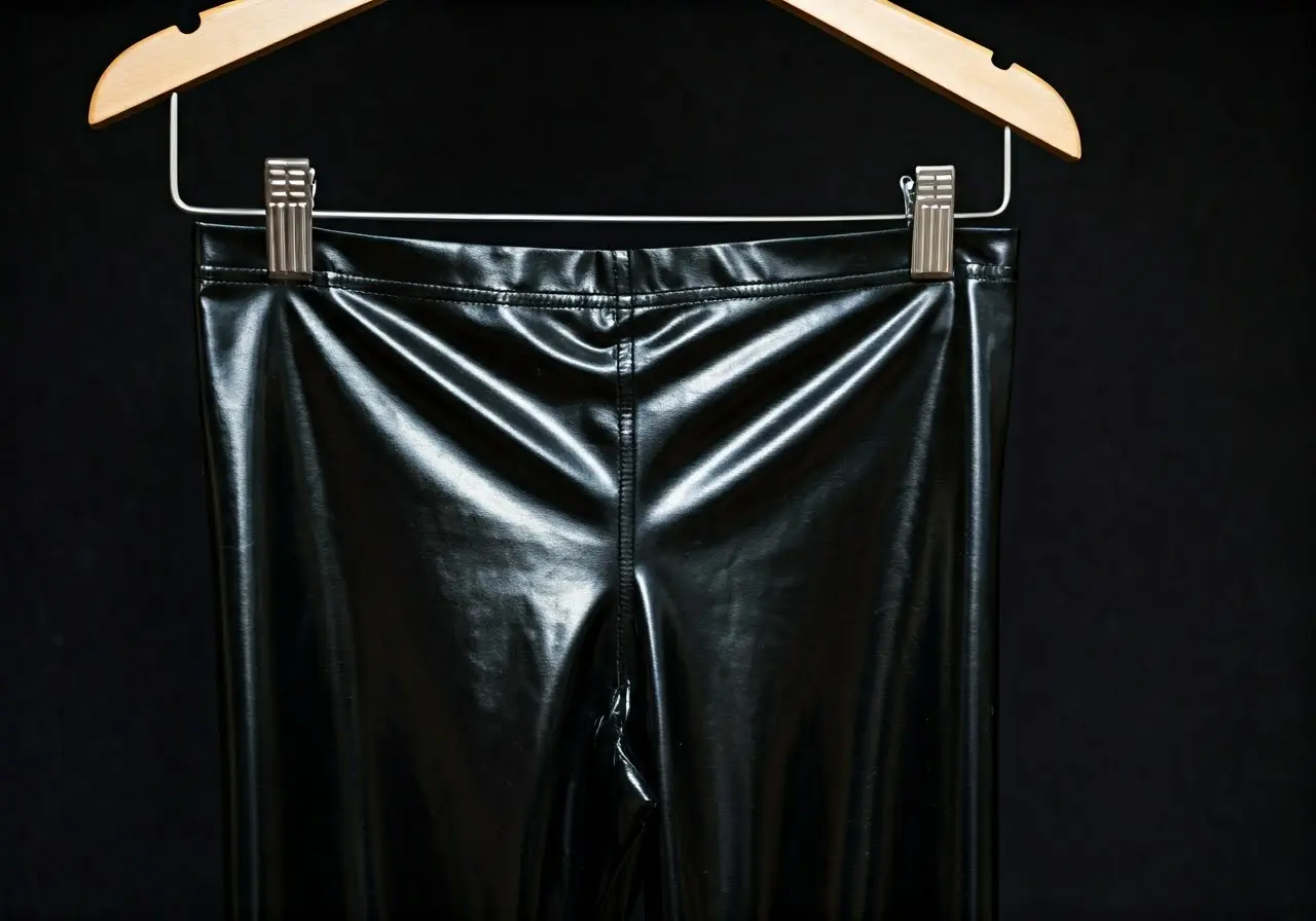 A close-up of glossy black latex leggings on a hanger. 35mm stock photo