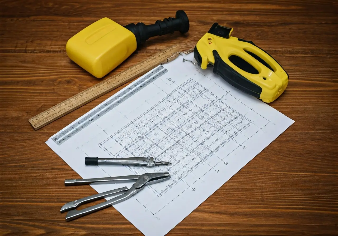 A blueprint plan with remodeling tools on a wooden table. 35mm stock photo