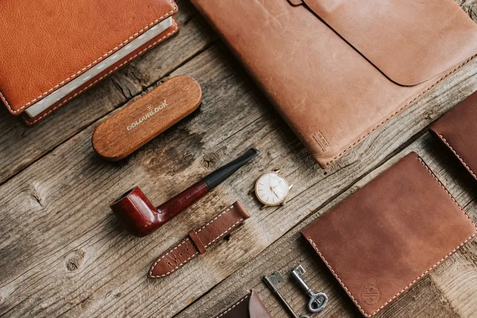 High-quality leather goods arranged on rustic wooden surface with a classic pipe and wristwatch.