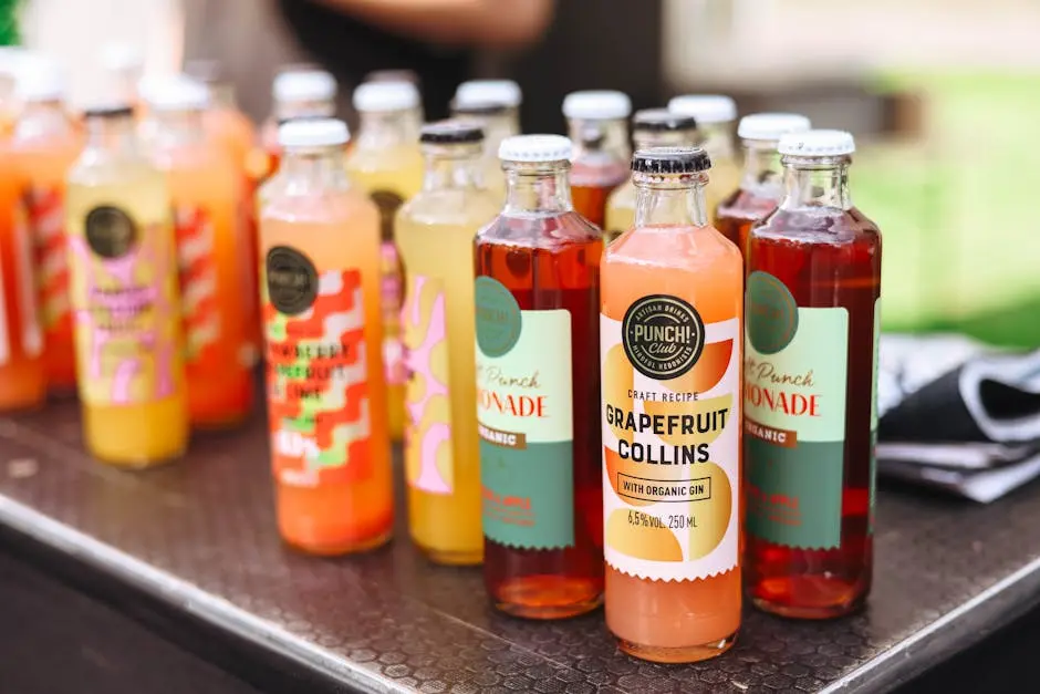 A variety of colorful organic lemonades neatly arranged on display outdoors, showcasing vibrant packaging.