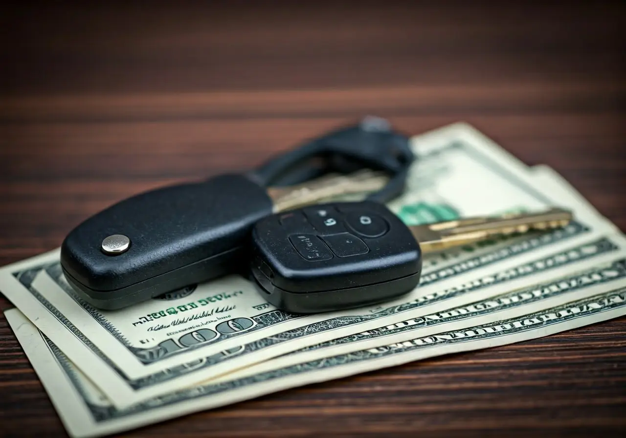 A close-up of car keys on top of dollar bills. 35mm stock photo