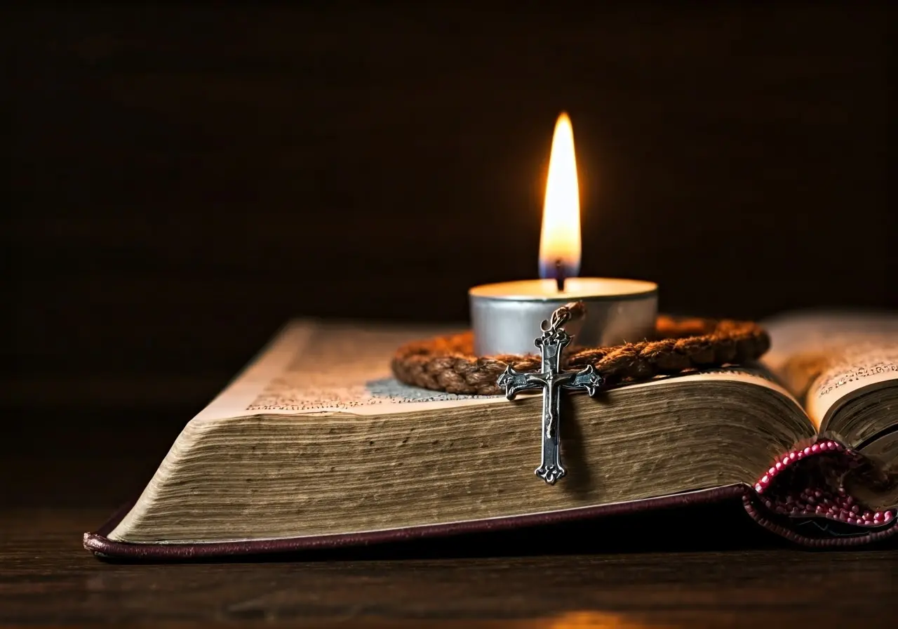 A cross pendant on an open Bible with candles. 35mm stock photo