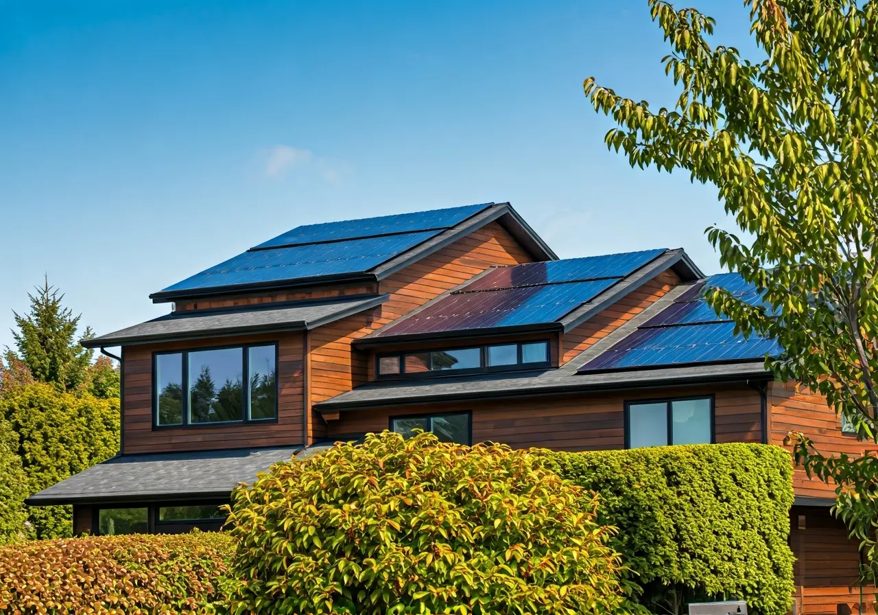 A modern Seattle home with sleek Tesla solar roof tiles. 35mm stock photo