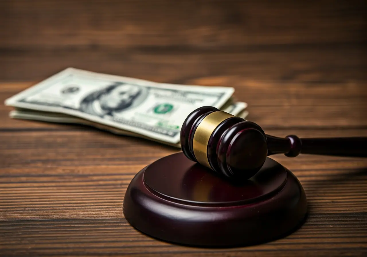 A gavel next to dollar bills on a wooden desk. 35mm stock photo