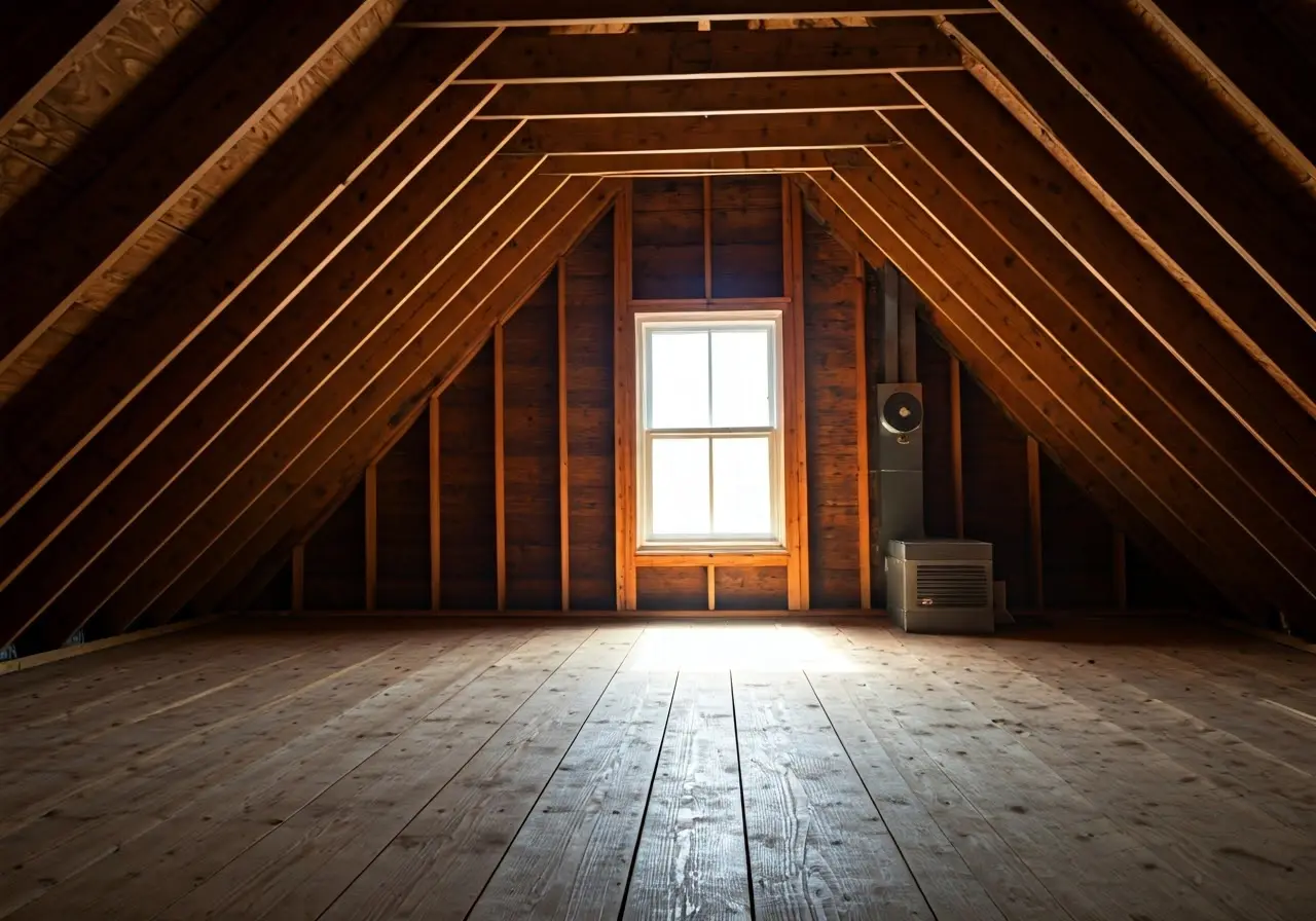 A sunlit attic with a newly installed ventilation fan. 35mm stock photo