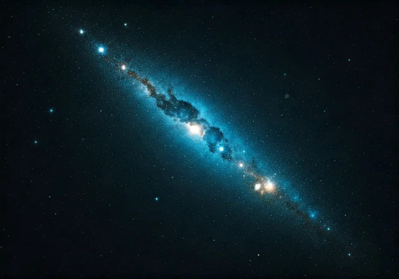 A serene starry night with glowing quantum particles floating. 35mm stock photo