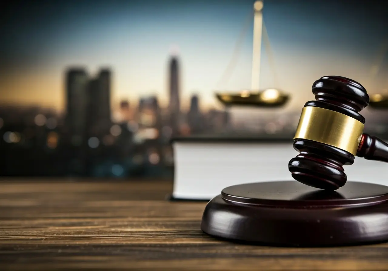 A gavel resting on law books with a cityscape background. 35mm stock photo