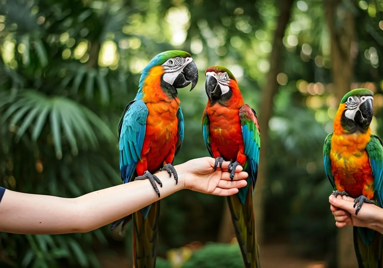 Colorful parrots perched on children’s arms at a zoo. 35mm stock photo