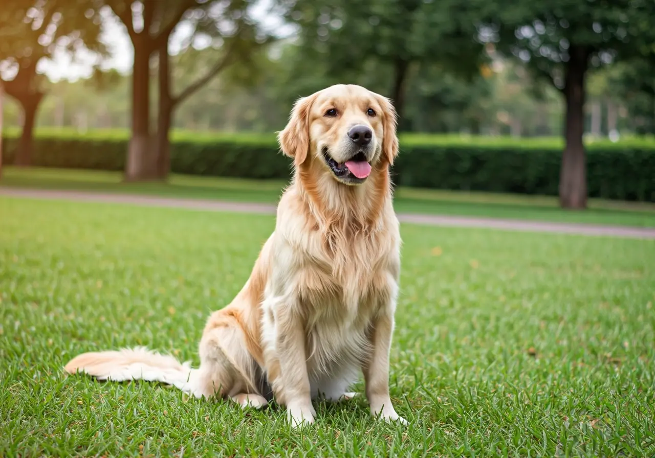 A golden retriever sitting obediently on a grassy park. 35mm stock photo
