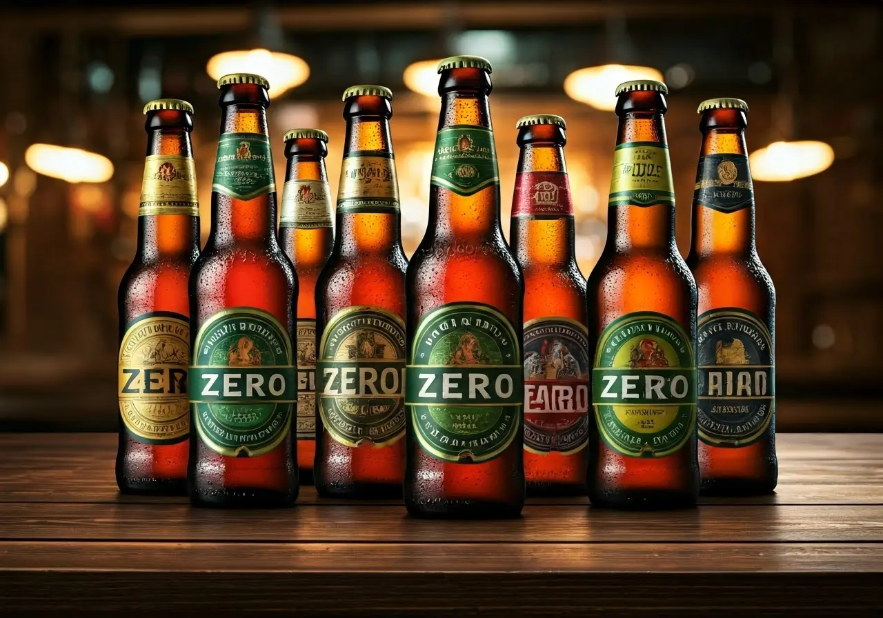 A variety of zero-alcohol beer bottles on a wooden bar. 35mm stock photo