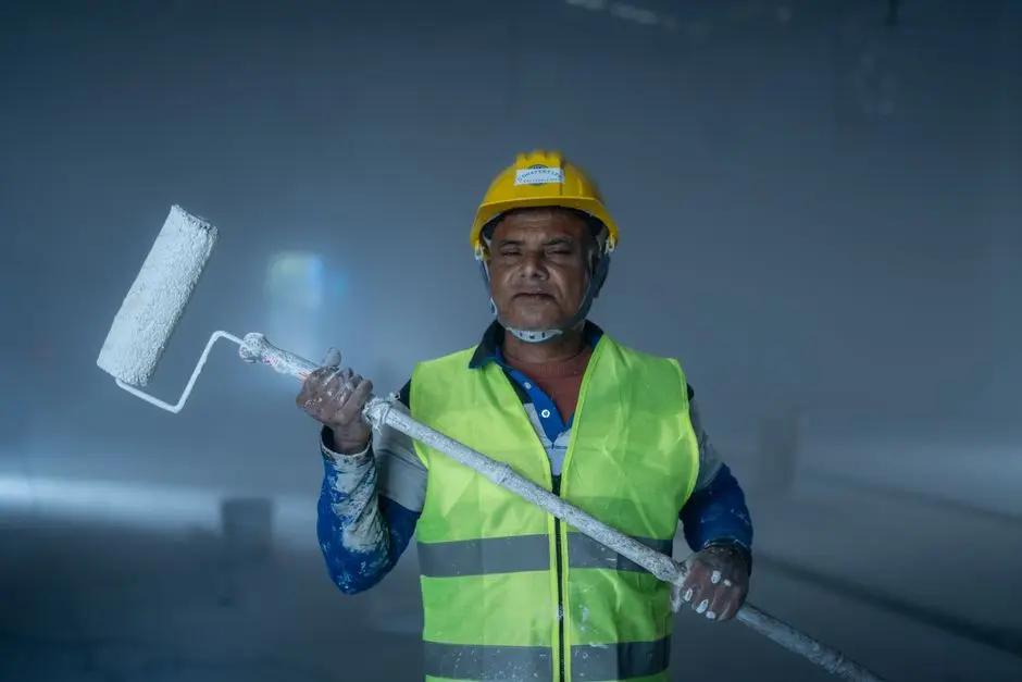 A construction worker wearing a helmet and safety vest holding a paint roller inside an unfinished building.