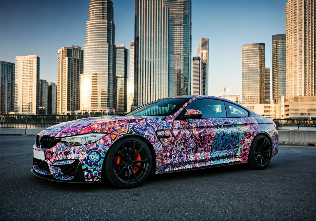 A vibrant car in a cityscape showcasing colorful wrap designs. 35mm stock photo