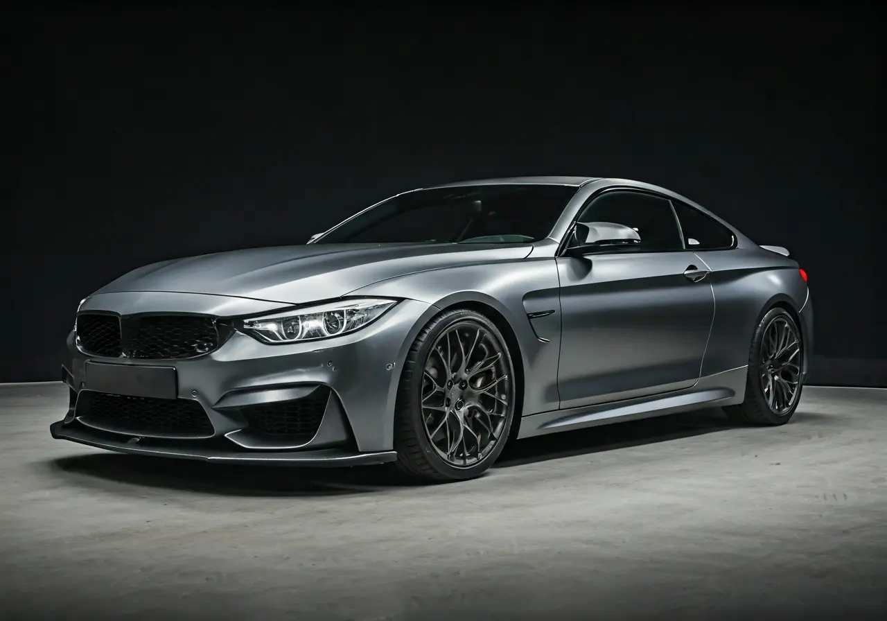 A car partially covered by a sleek, glossy vinyl wrap. 35mm stock photo