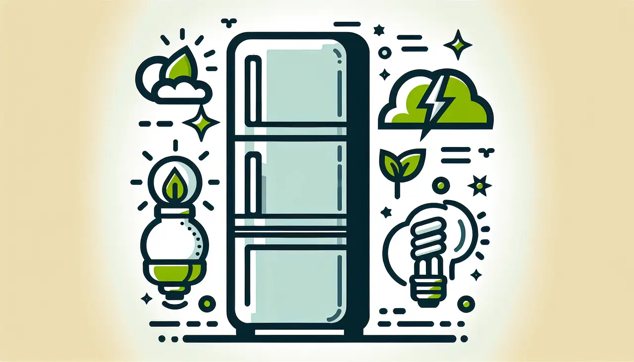 Draw a graphic in flat design style. An image of a flat design refrigerator with clean, bold lines and a few green energy icons like leaves and lightbulbs floating around it to signify energy efficiency.