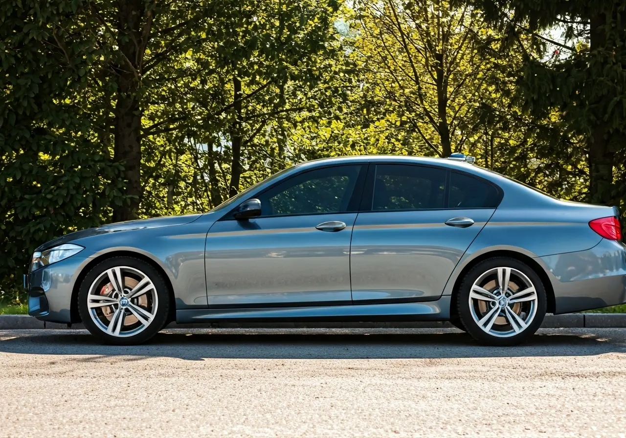 A sleek car with tinted windows shining under the sun. 35mm stock photo