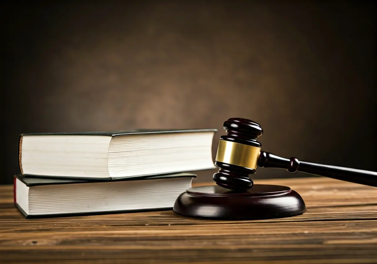 Gavel and law book on a wooden table. 35mm stock photo
