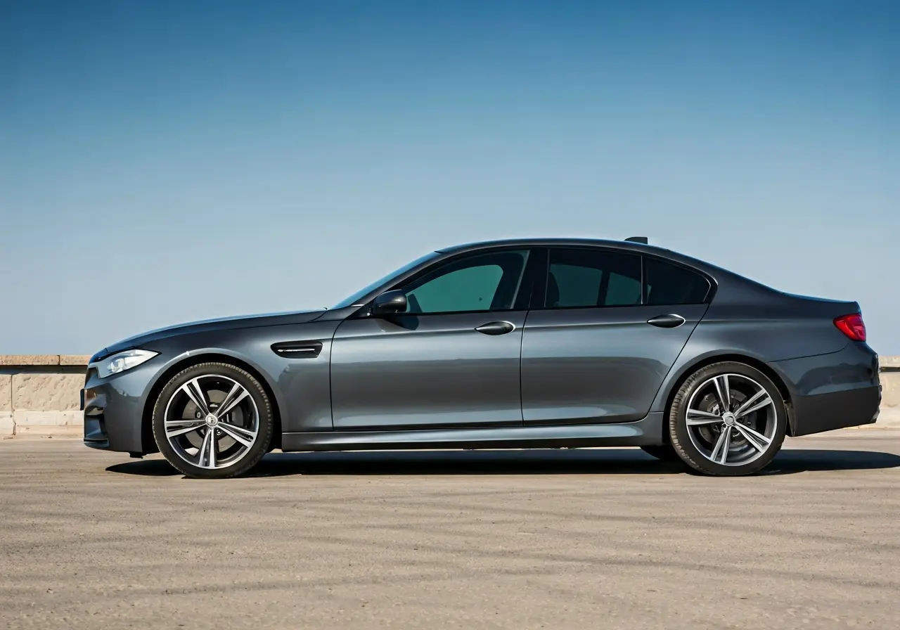 A sleek car with tinted windows parked under a clear sky. 35mm stock photo