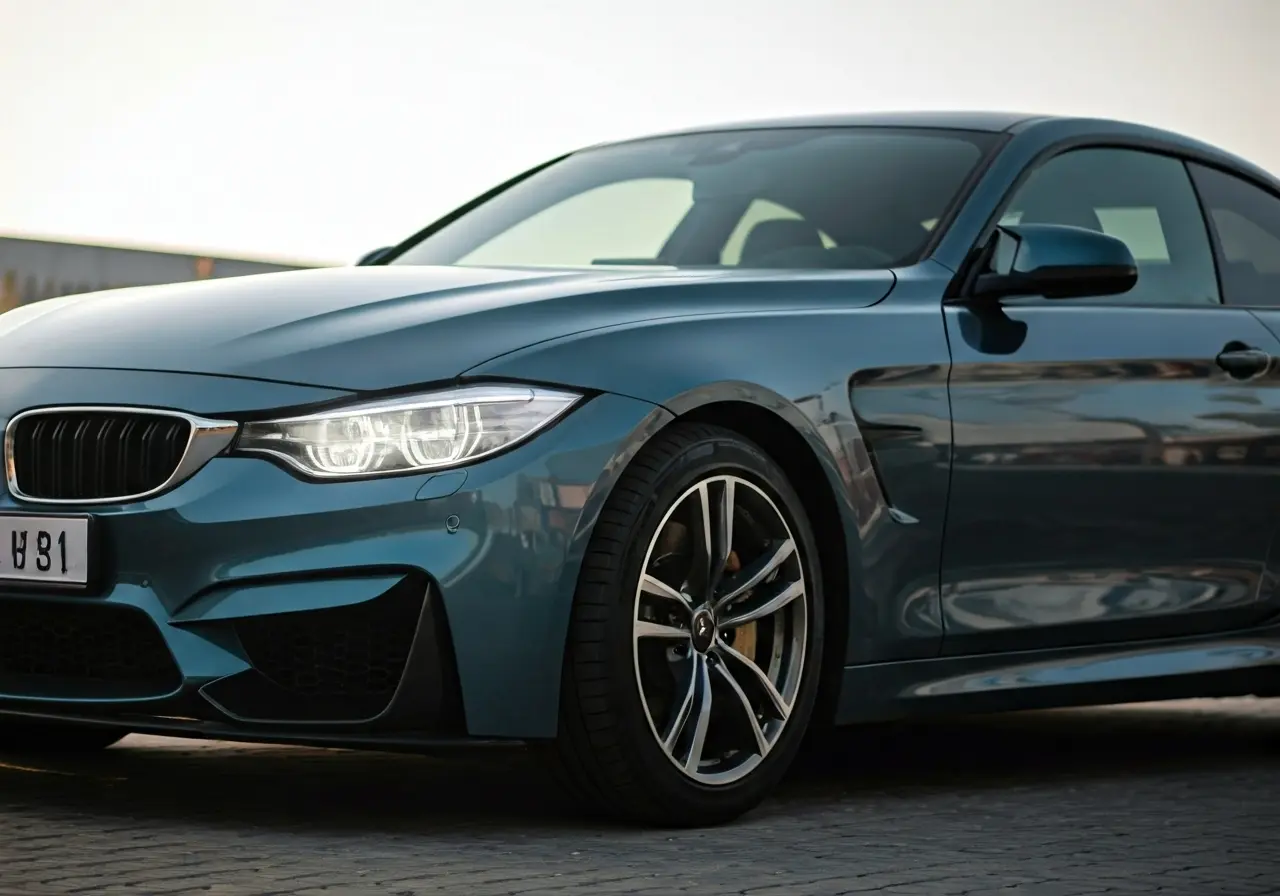 A shiny car reflecting sunlight, showcasing glossy ceramic coating. 35mm stock photo