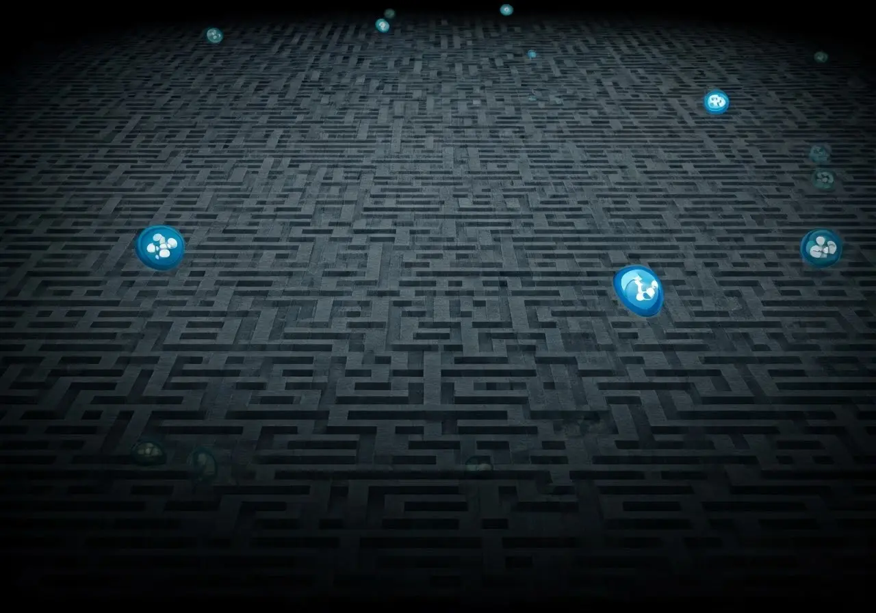 Abstract maze representing complex leadership challenges with social icons. 35mm stock photo