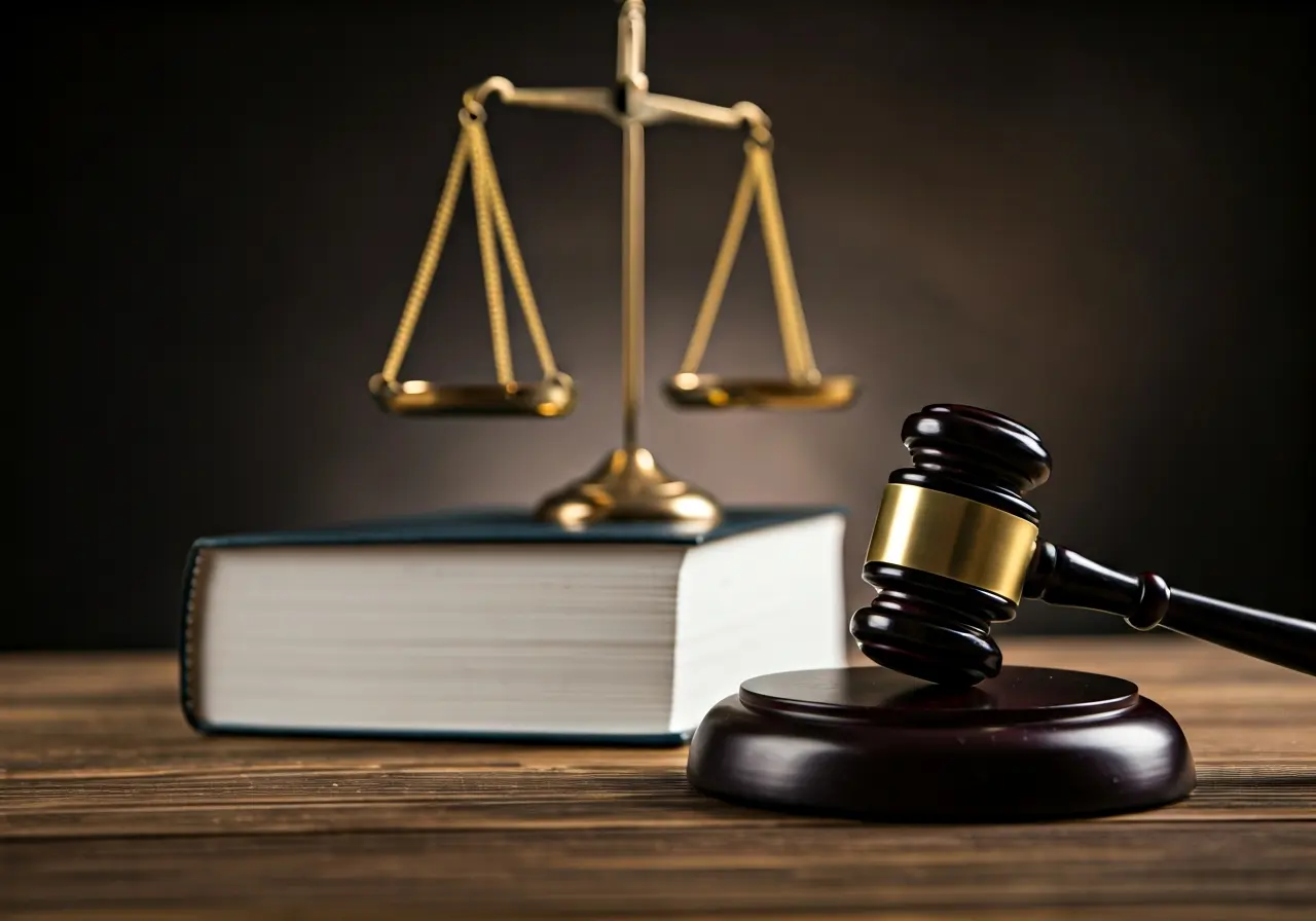 A gavel resting on a law book beside a scales. 35mm stock photo