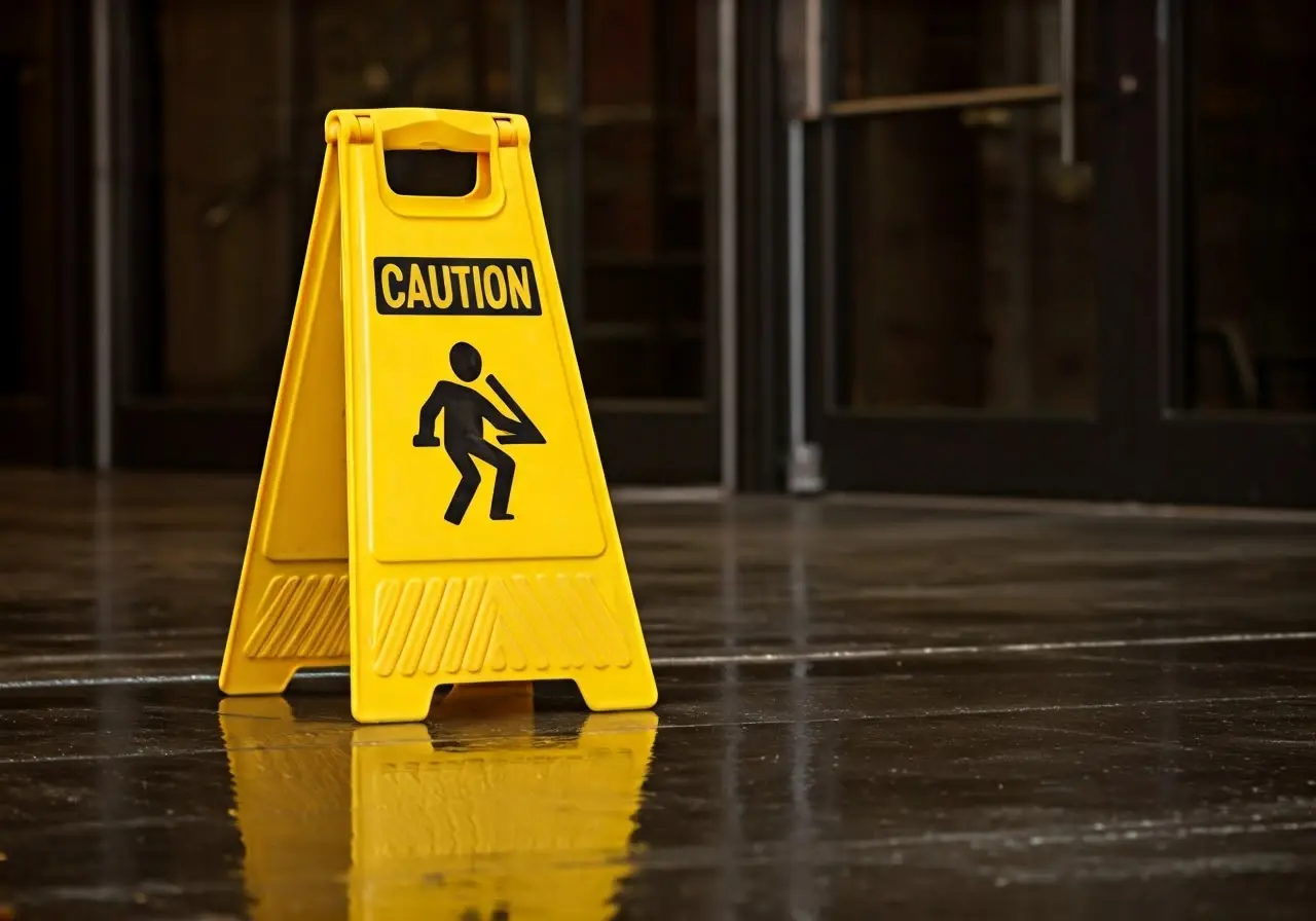 A caution sign on a wet, slippery floor indoors. 35mm stock photo