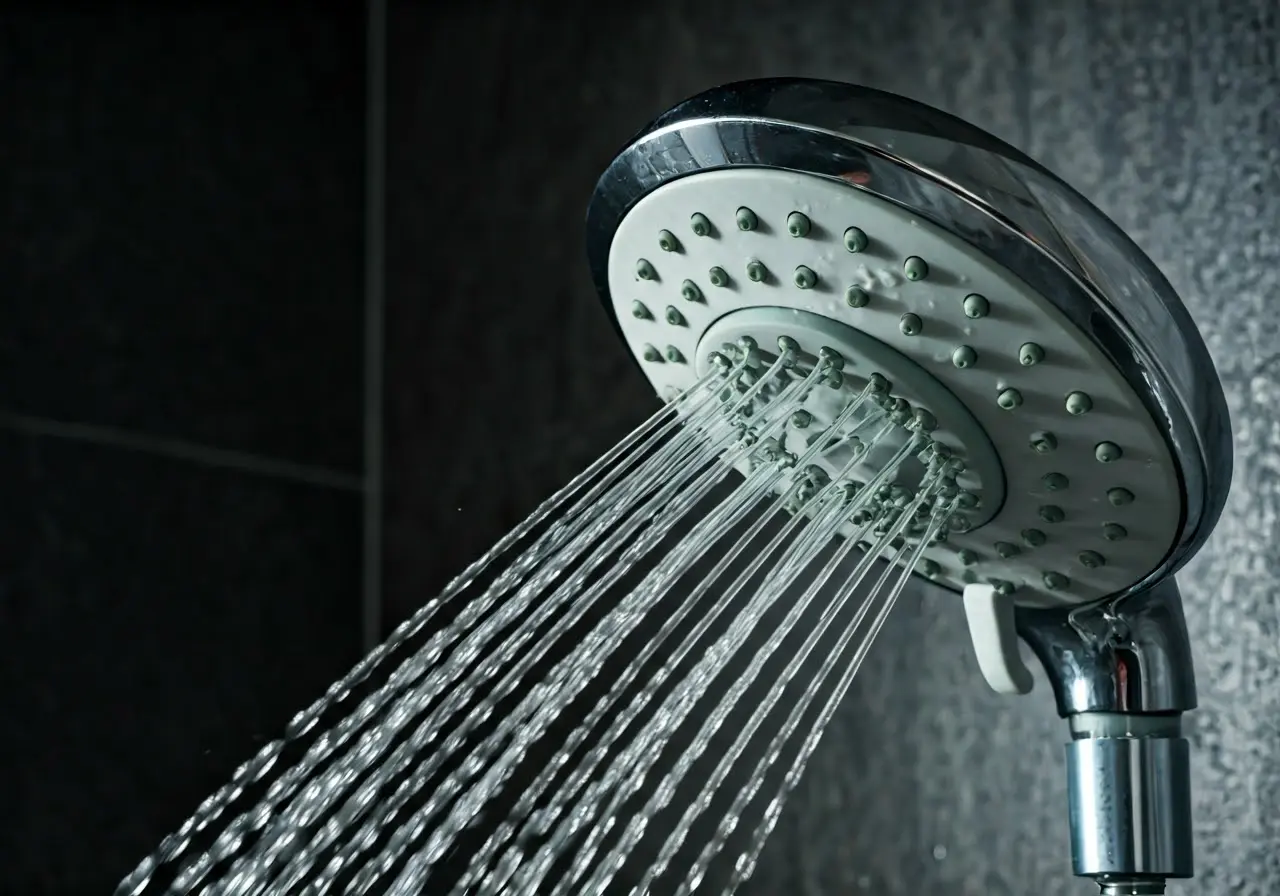 A close-up of a modern showerhead with water flowing. 35mm stock photo