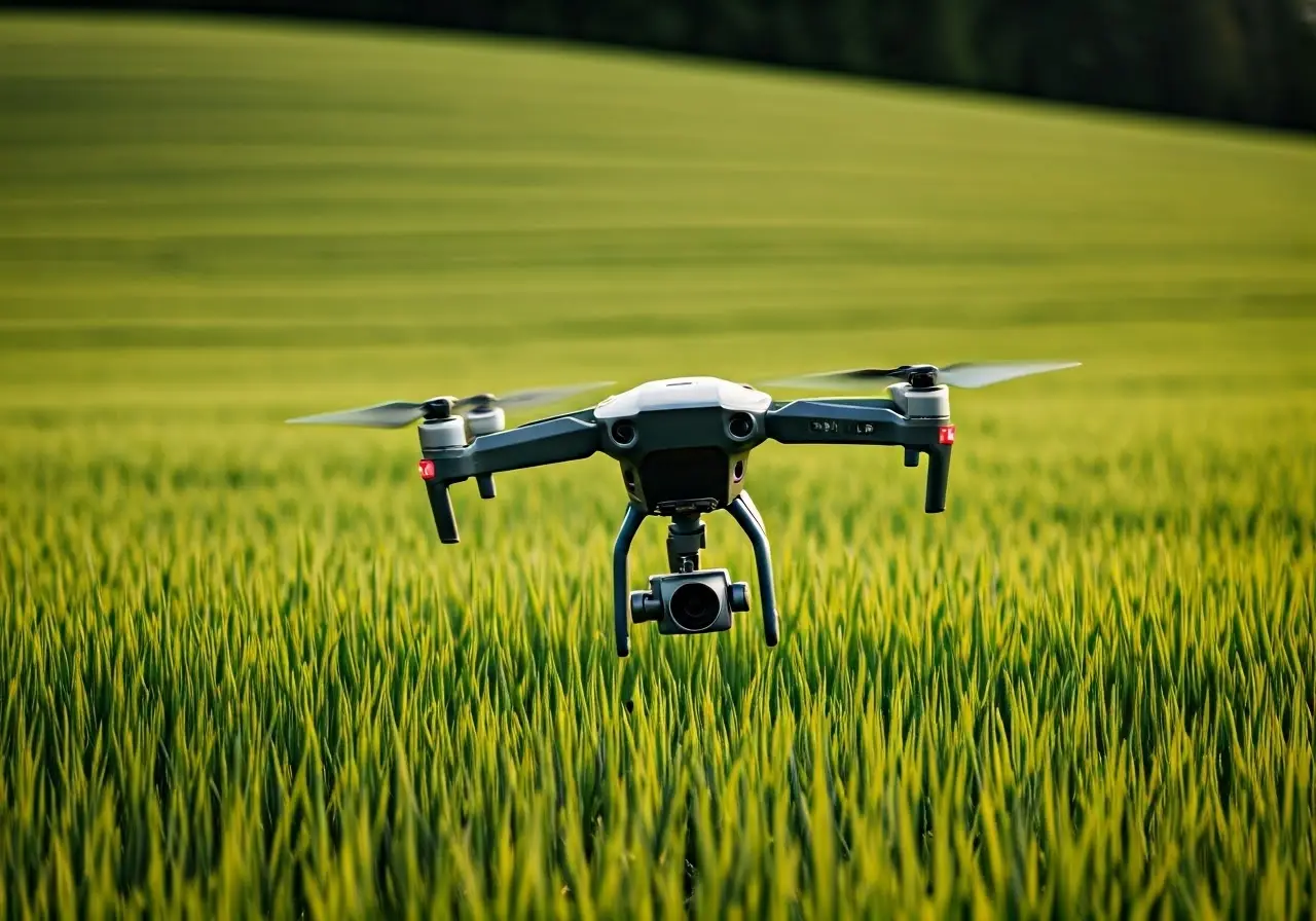 A drone flying over a lush, vibrant green field. 35mm stock photo