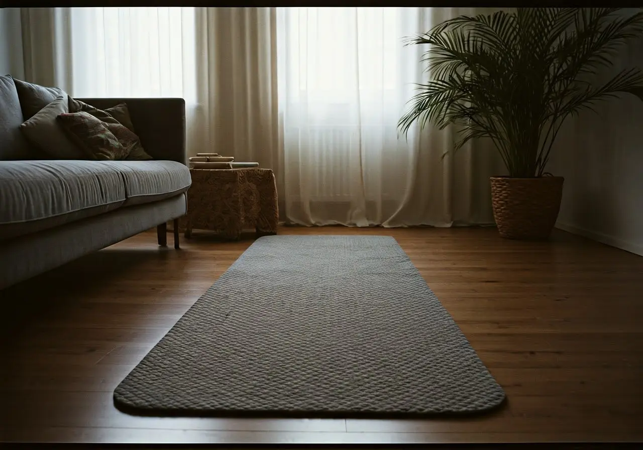 A tranquil living room featuring a grounding mat on the floor. 35mm stock photo
