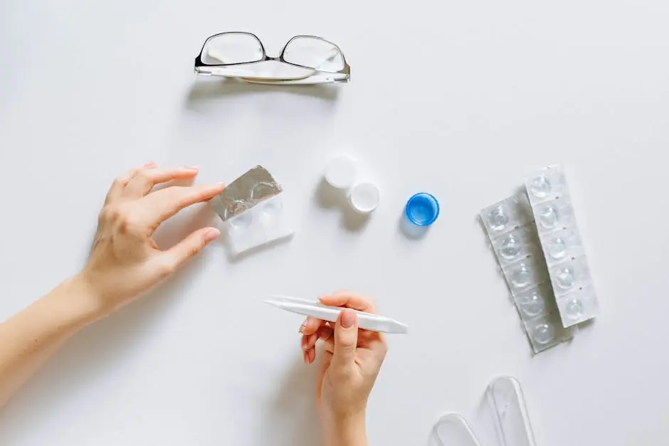 Flat lay setup of contact lenses with eyeglasses for eye care on a white background.