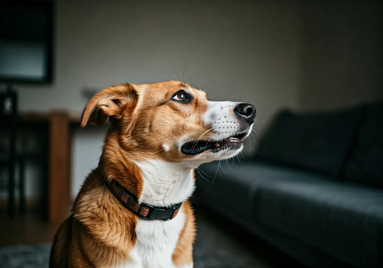 A dog enthusiastically obeys commands in a living room. 35mm stock photo