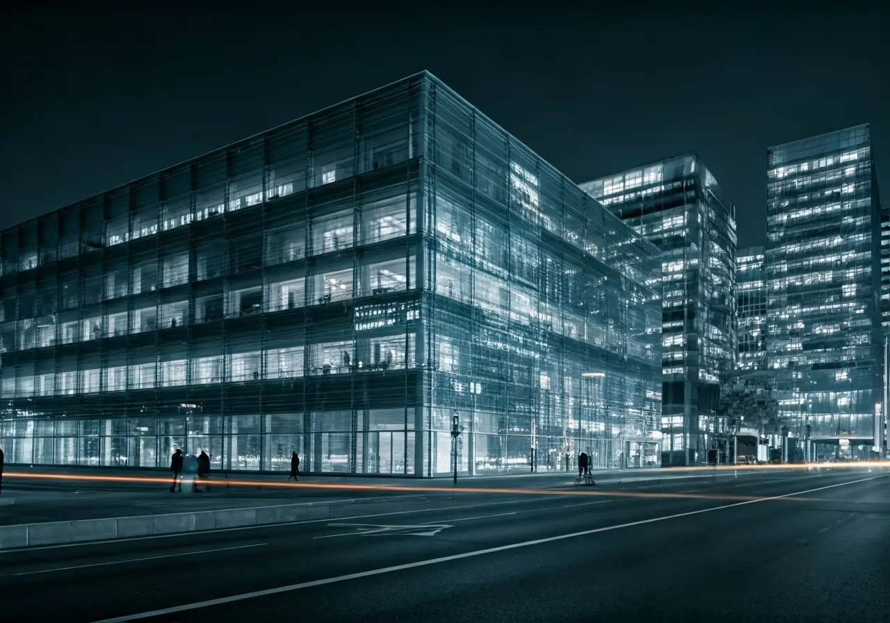 A sleek, modern building with digital interfaces on display. 35mm stock photo