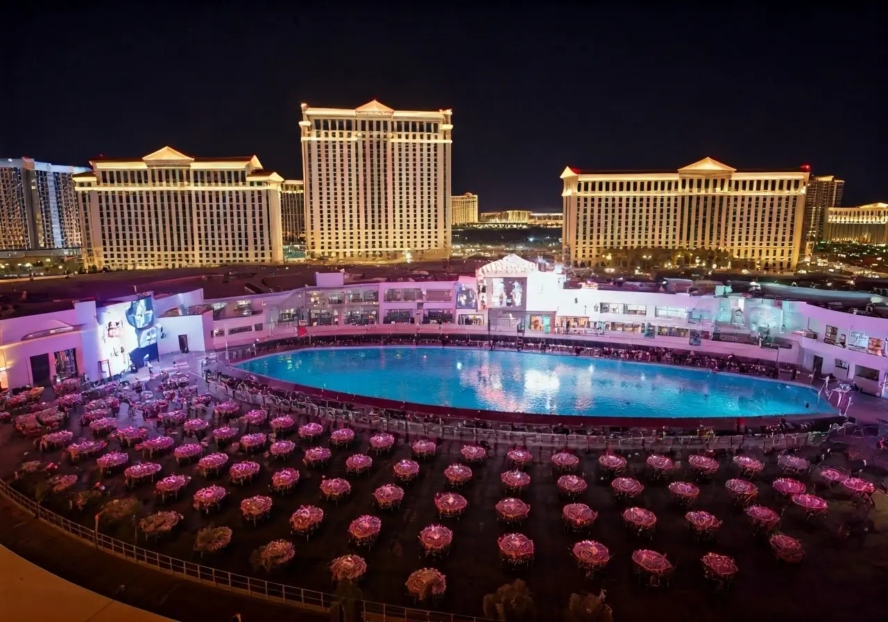 Aerial view of a vibrant Las Vegas event venue at night. 35mm stock photo
