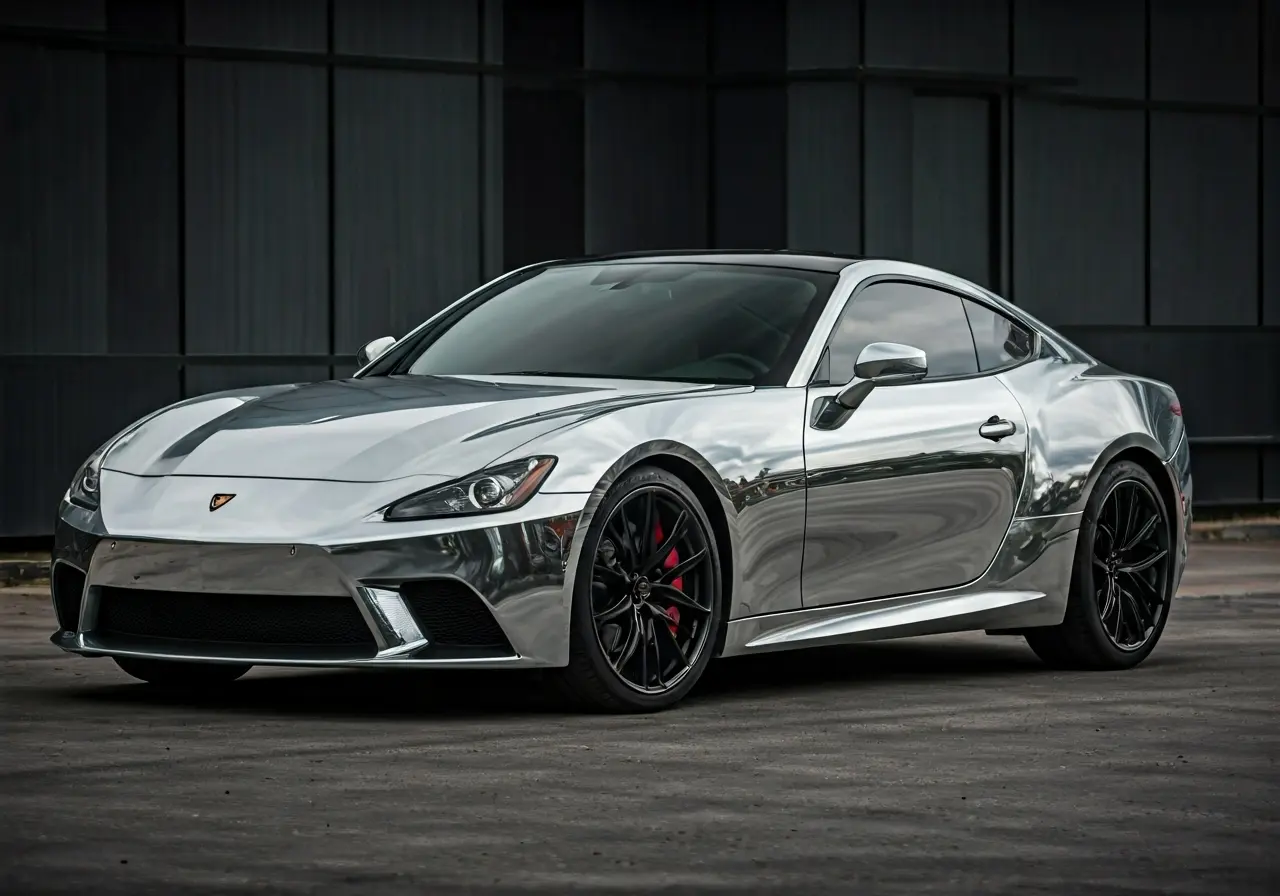 A sleek car with a mirror-like ceramic-coated finish. 35mm stock photo