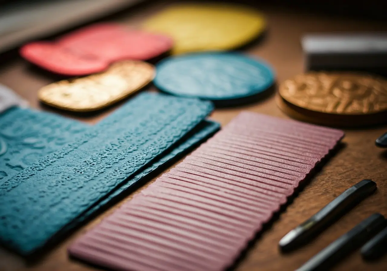 A close-up of various colorful embossing tools and papers. 35mm stock photo