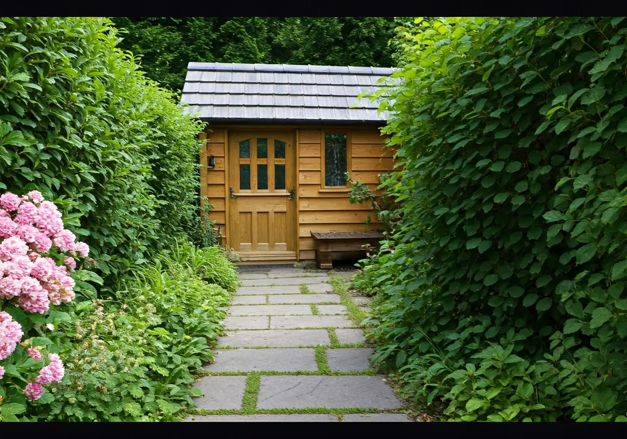 A garden path leading to a charming wooden egress door. 35mm stock photo