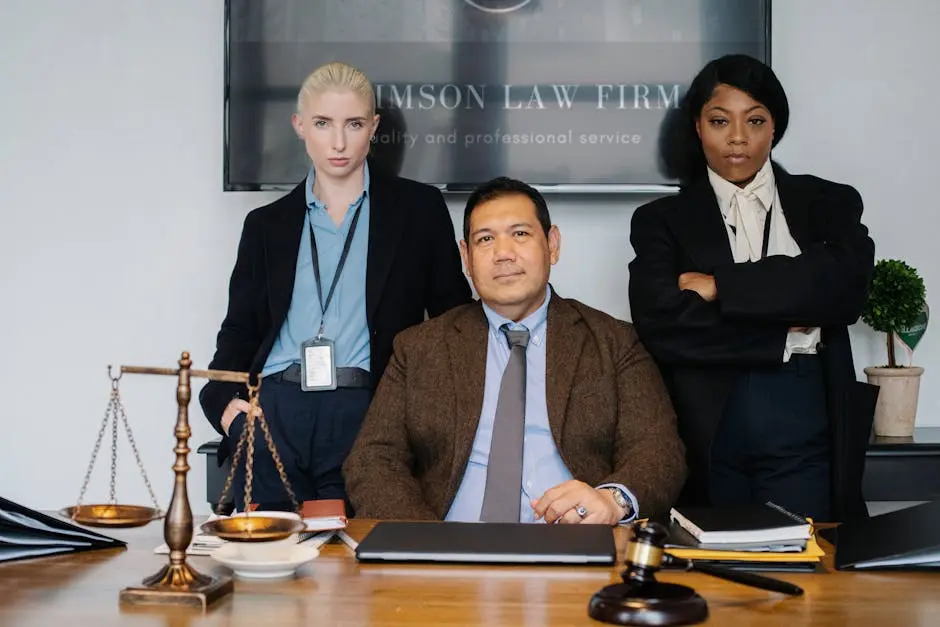 Diverse law firm employees in suits at a desk. Scale and gavel signify justice.