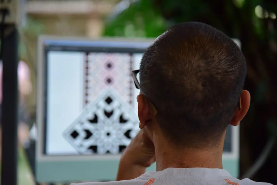 Adult focused on intricate pattern design on computer indoors.