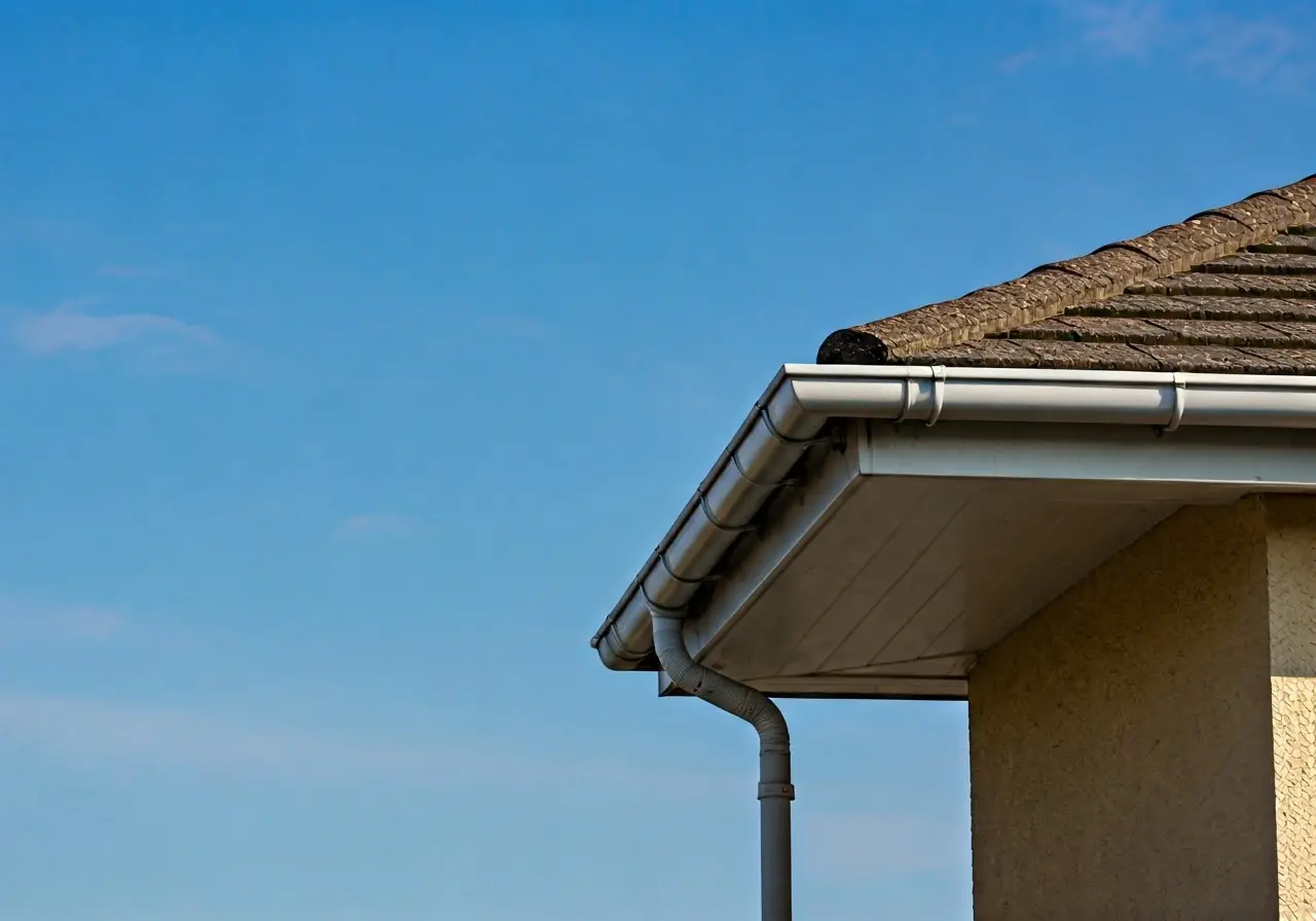 A clean gutter on a suburban home under a clear sky. 35mm stock photo