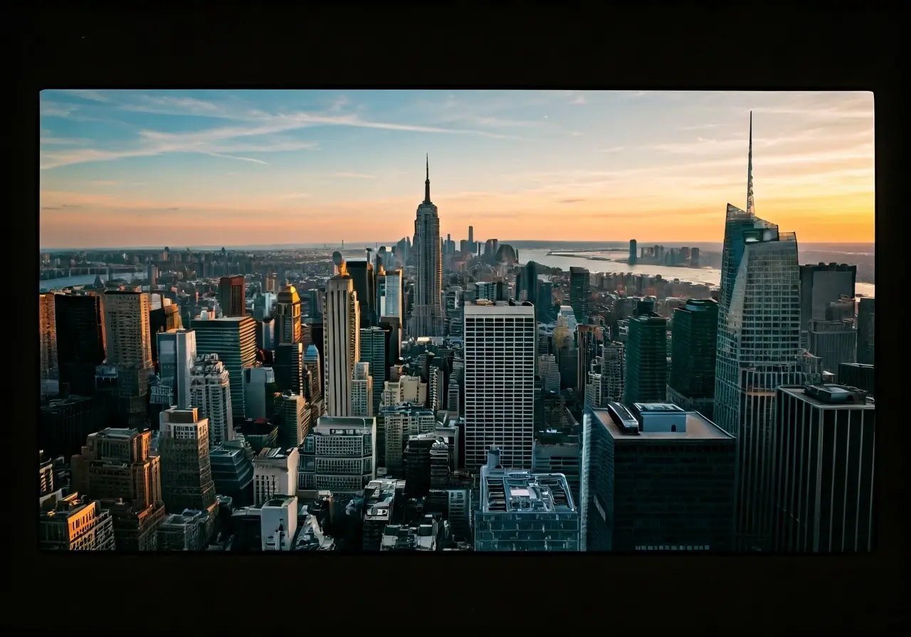 Aerial view of New York City skyline at sunset. 35mm stock photo