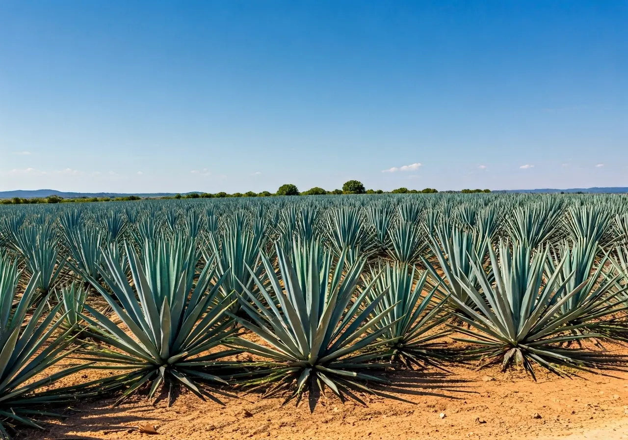 A landscape of an agave field under a clear sky. 35mm stock photo
