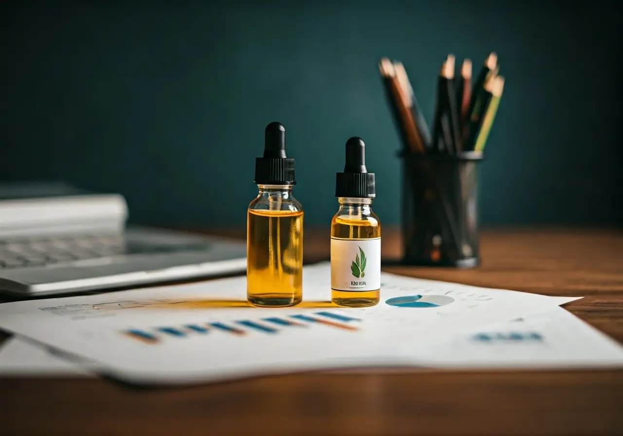 A cluttered desk with CBD oil bottles and papers. 35mm stock photo