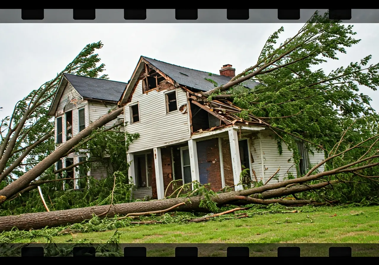 A wind-damaged house with a fallen tree in the yard. 35mm stock photo