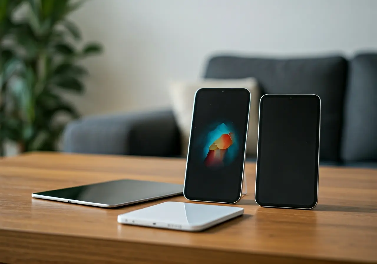 A modern living room with sleek smart home devices displayed. 35mm stock photo