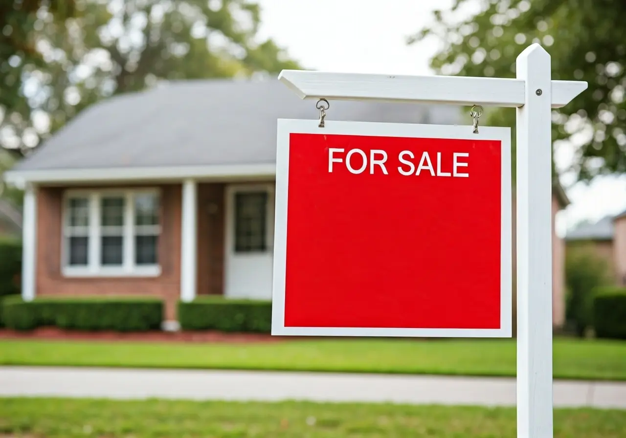 A For Sale sign in front of a house. 35mm stock photo