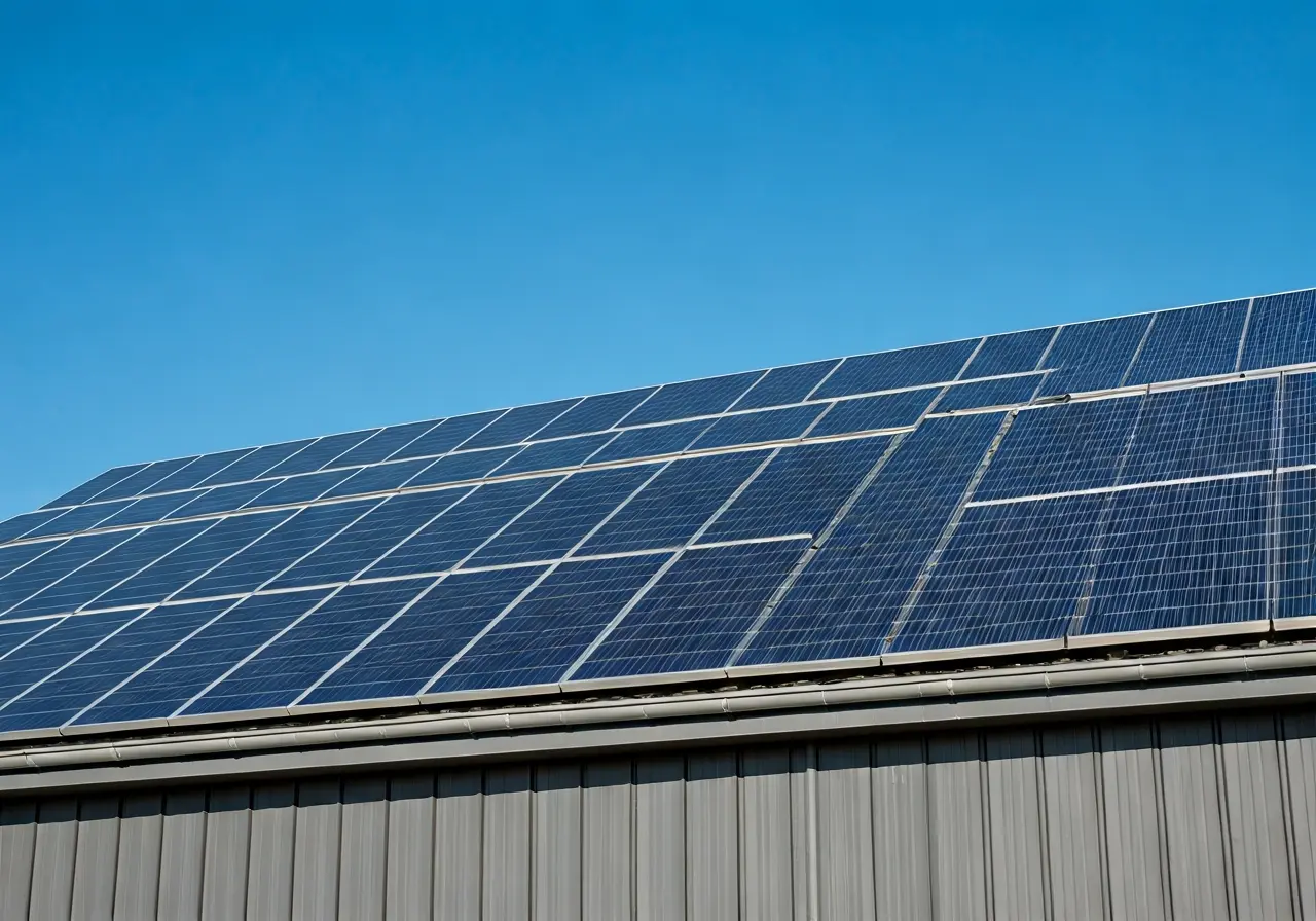 Solar panels on a commercial building under a clear sky. 35mm stock photo