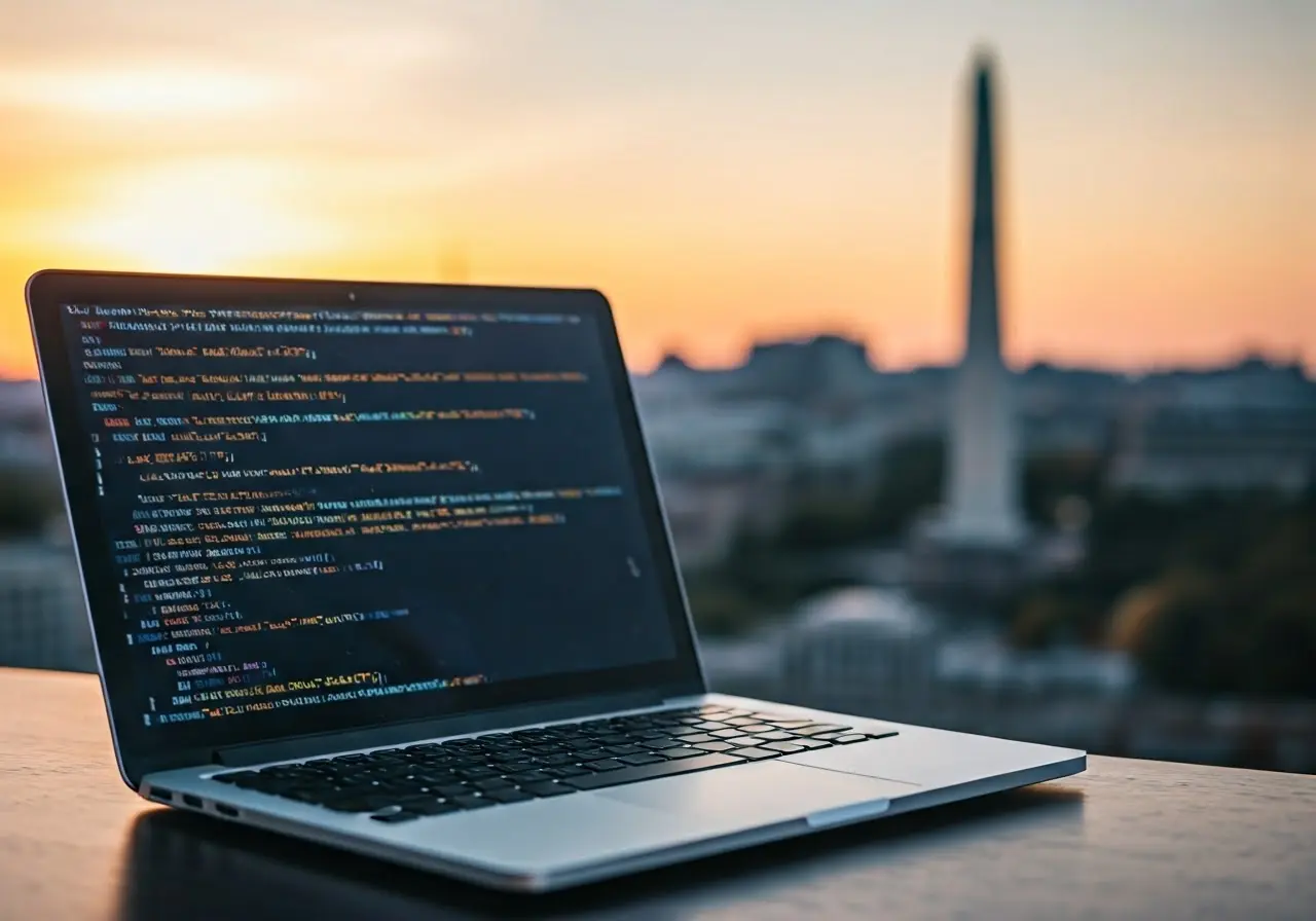 A laptop with code against Washington DC skyline at sunset. 35mm stock photo