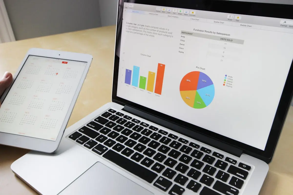 Laptop displaying charts and graphs with tablet calendar for data analysis and small business.