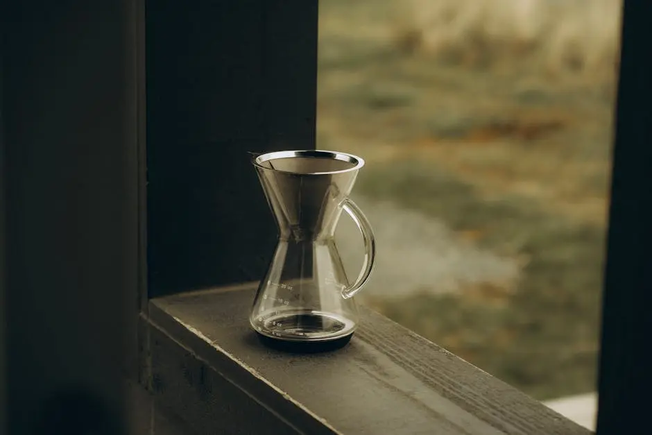 Glass pour over coffee maker placed on a wooden ledge against a blurred nature background.