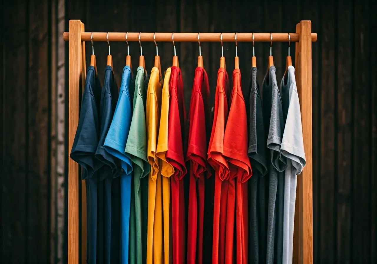 Colorful Christian t-shirts displayed on a wooden clothes rack. 35mm stock photo