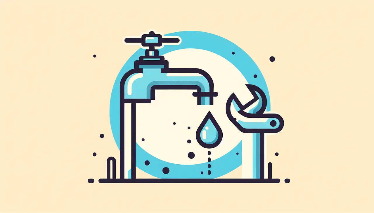 Draw a graphic in flat design style. A wrench fixing a leaky faucet with a dripping water droplet, set against a minimalist background.